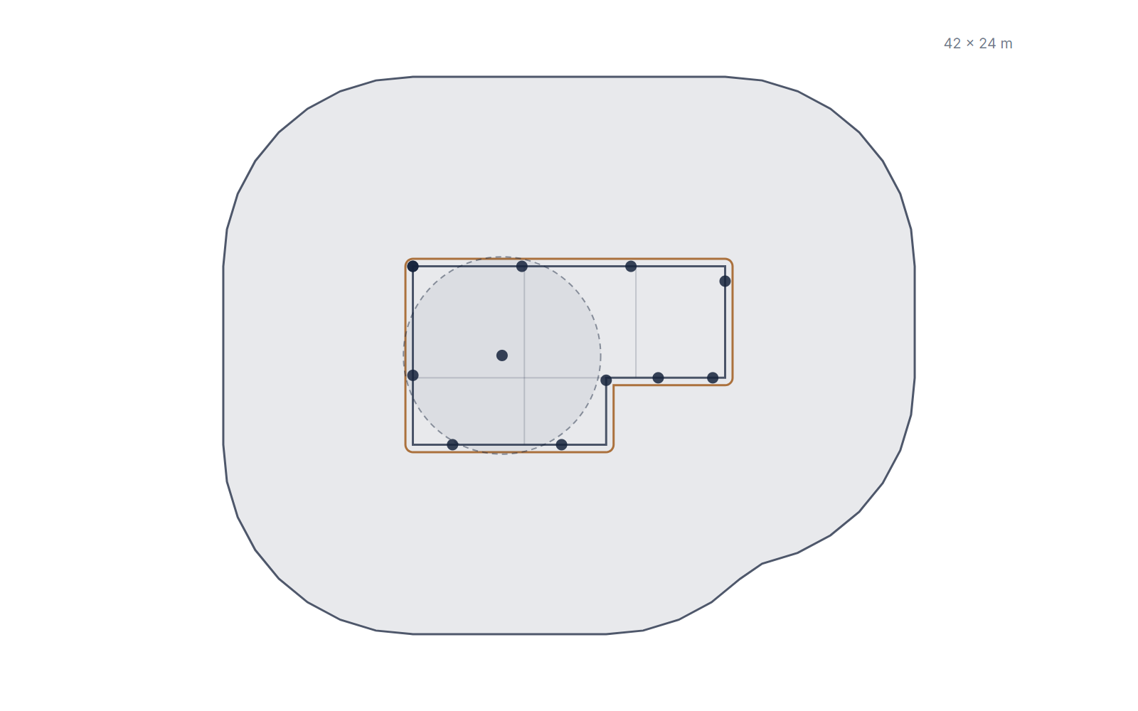 A 2D site plan of an L-shaped building: the collection area follows the true outline, the air-termination mesh stops at the notch, and down conductors sit on the walls the building actually has.