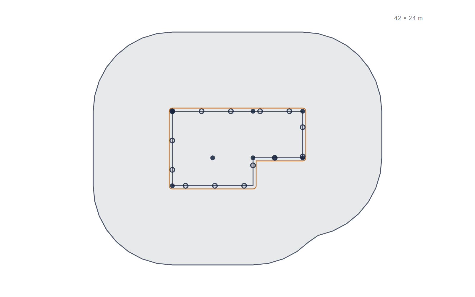 A 2D site plan of an L-shaped building: the collection area follows the true outline into the notch, the earth ring traces the same footprint, down conductors sit on the walls the building actually has, and the proposed air-termination rods stand on its corners, edges and field.